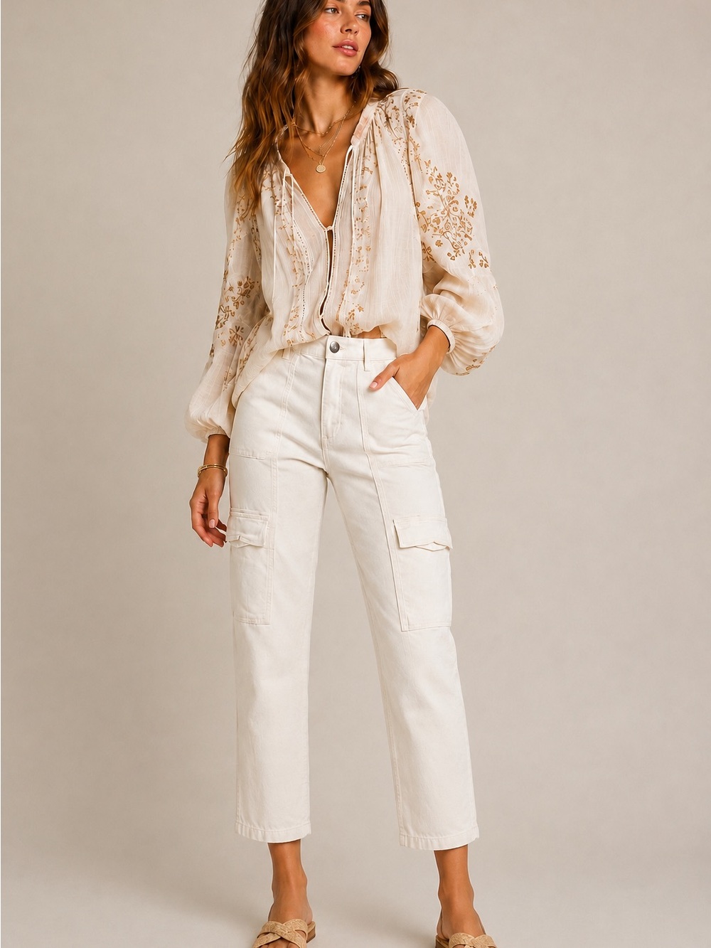 Mica Denim Ivory Utility Jeans Cropped Straight Leg 29x26 Boho Chic